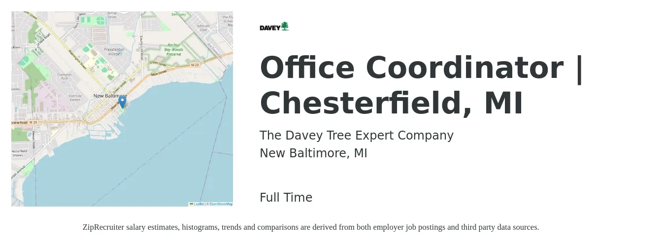 The Davey Tree Expert Company job posting for a Office Coordinator | Chesterfield, MI in New Baltimore, MI with a salary of $16 to $22 Hourly with a map of New Baltimore location.