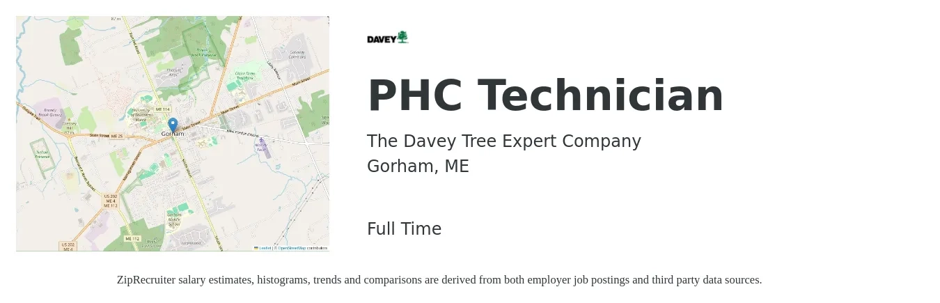 The Davey Tree Expert Company job posting for a PHC Technician in Gorham, ME with a salary of $18 to $25 Hourly with a map of Gorham location.