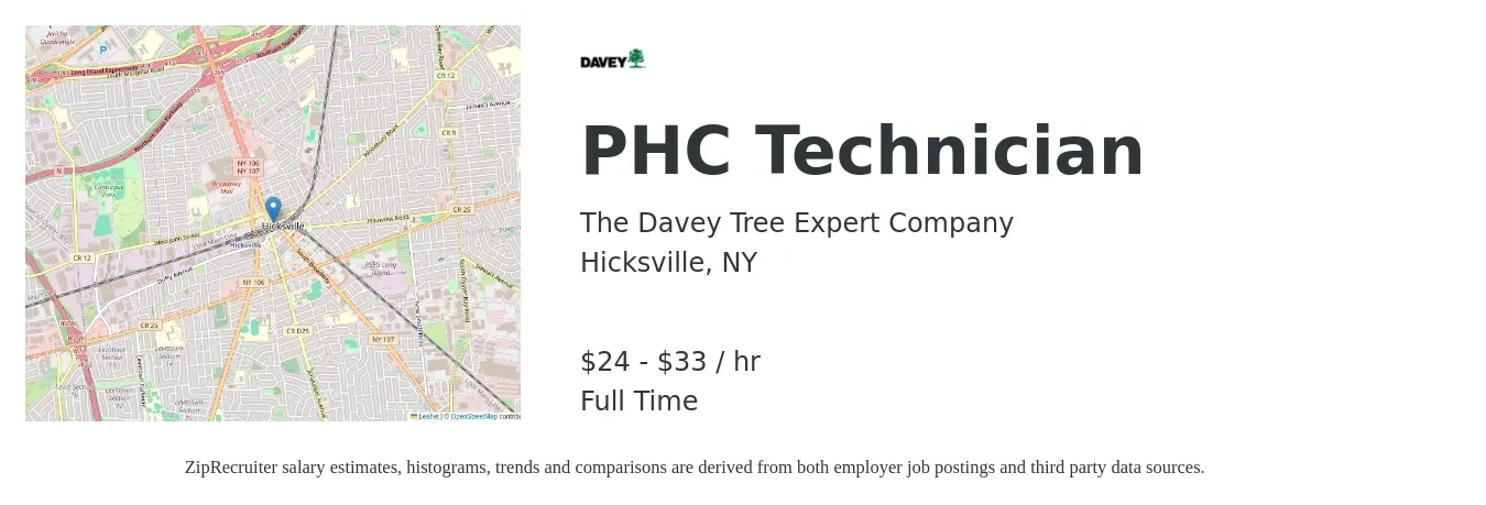 The Davey Tree Expert Company job posting for a PHC Technician in Hicksville, NY with a salary of $25 to $35 Hourly with a map of Hicksville location.