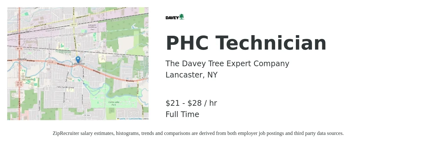The Davey Tree Expert Company job posting for a PHC Technician in Lancaster, NY with a salary of $22 to $30 Hourly with a map of Lancaster location.