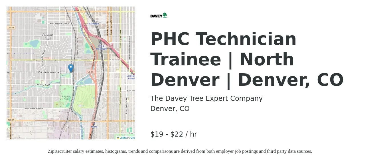 The Davey Tree Expert Company job posting for a PHC Technician Trainee | North Denver | Denver, CO in Denver, CO with a salary of $20 to $23 Hourly with a map of Denver location.