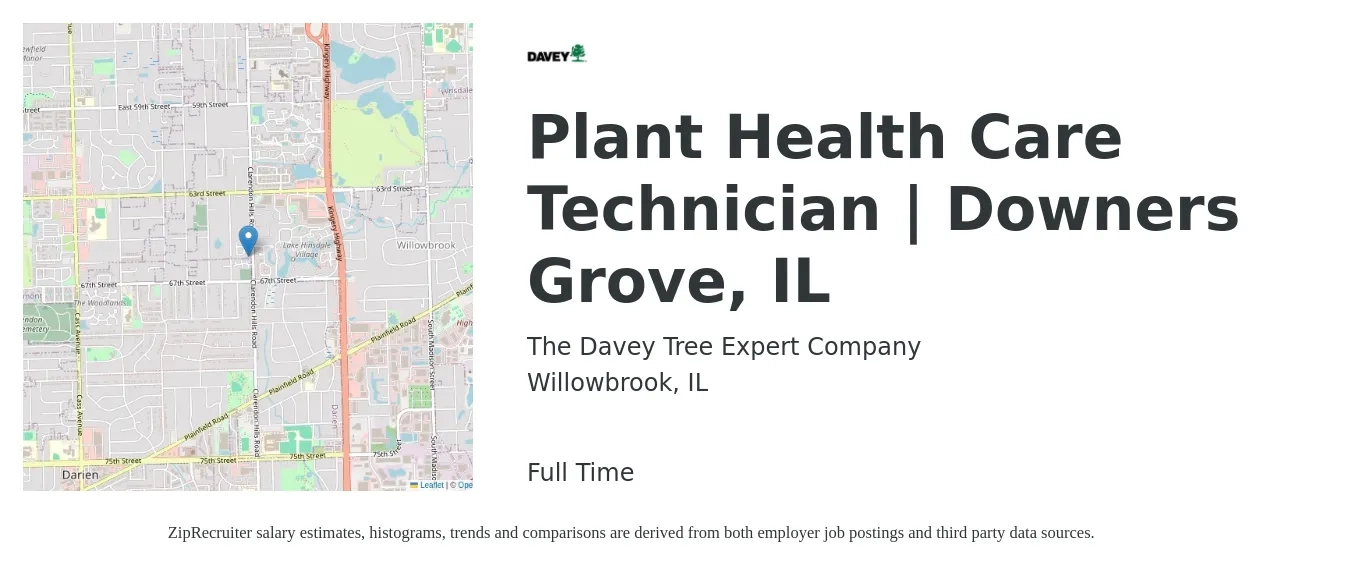 The Davey Tree Expert Company job posting for a Plant Health Care Technician | Downers Grove, IL in Willowbrook, IL with a salary of $20 to $23 Hourly with a map of Willowbrook location.
