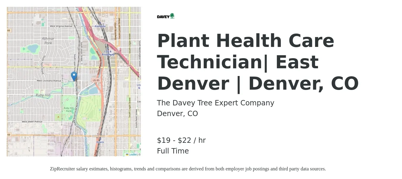 The Davey Tree Expert Company job posting for a Plant Health Care Technician| East Denver | Denver, CO in Denver, CO with a salary of $20 to $23 Hourly with a map of Denver location.