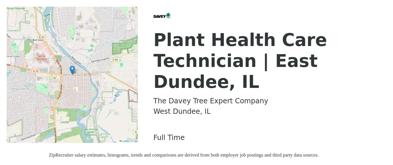 The Davey Tree Expert Company job posting for a Plant Health Care Technician | East Dundee, IL in West Dundee, IL with a salary of $20 to $23 Hourly with a map of West Dundee location.
