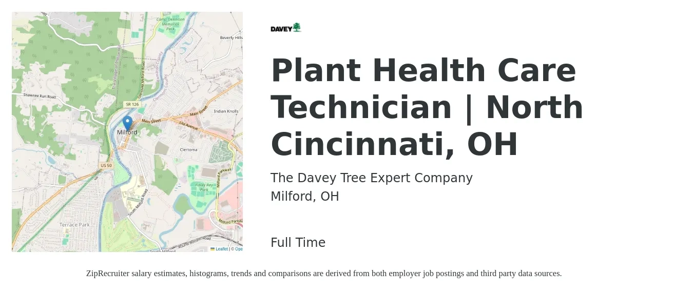 The Davey Tree Expert Company job posting for a Plant Health Care Technician | North Cincinnati, OH in Milford, OH with a salary of $17 to $20 Hourly with a map of Milford location.
