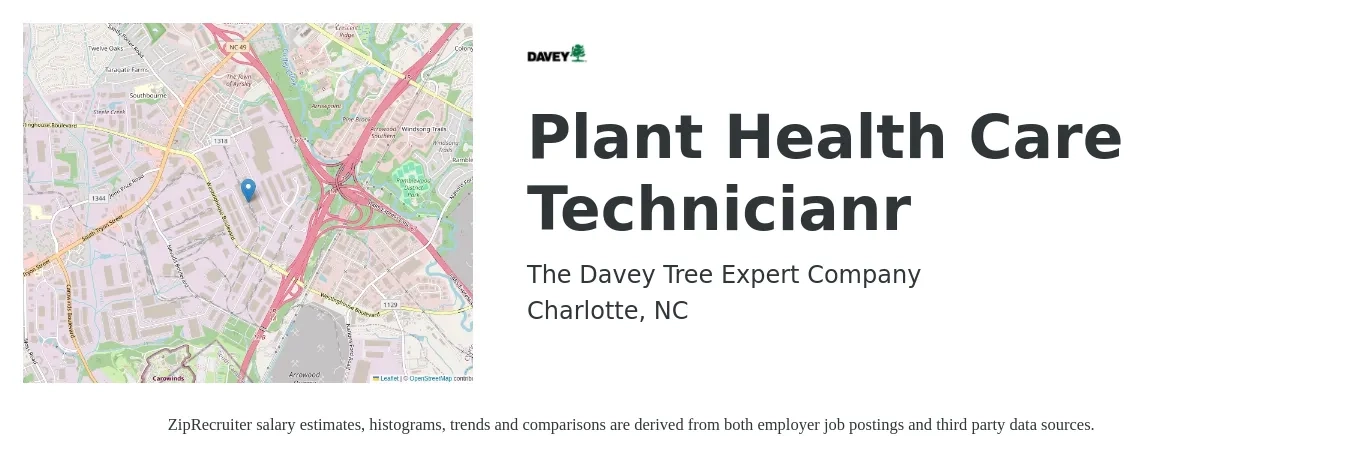 The Davey Tree Expert Company job posting for a Plant Health Care Technicianr in Charlotte, NC with a salary of $18 to $22 Hourly with a map of Charlotte location.