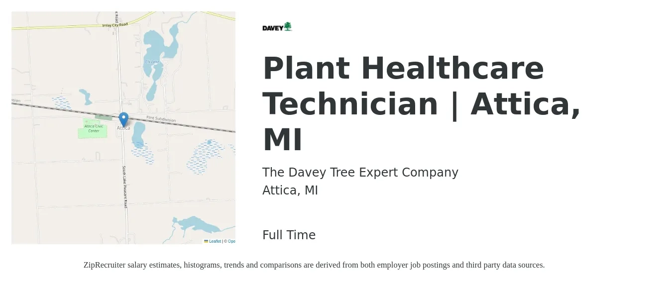 The Davey Tree Expert Company job posting for a Plant Healthcare Technician | Attica, MI in Attica, MI with a salary of $18 to $21 Hourly with a map of Attica location.