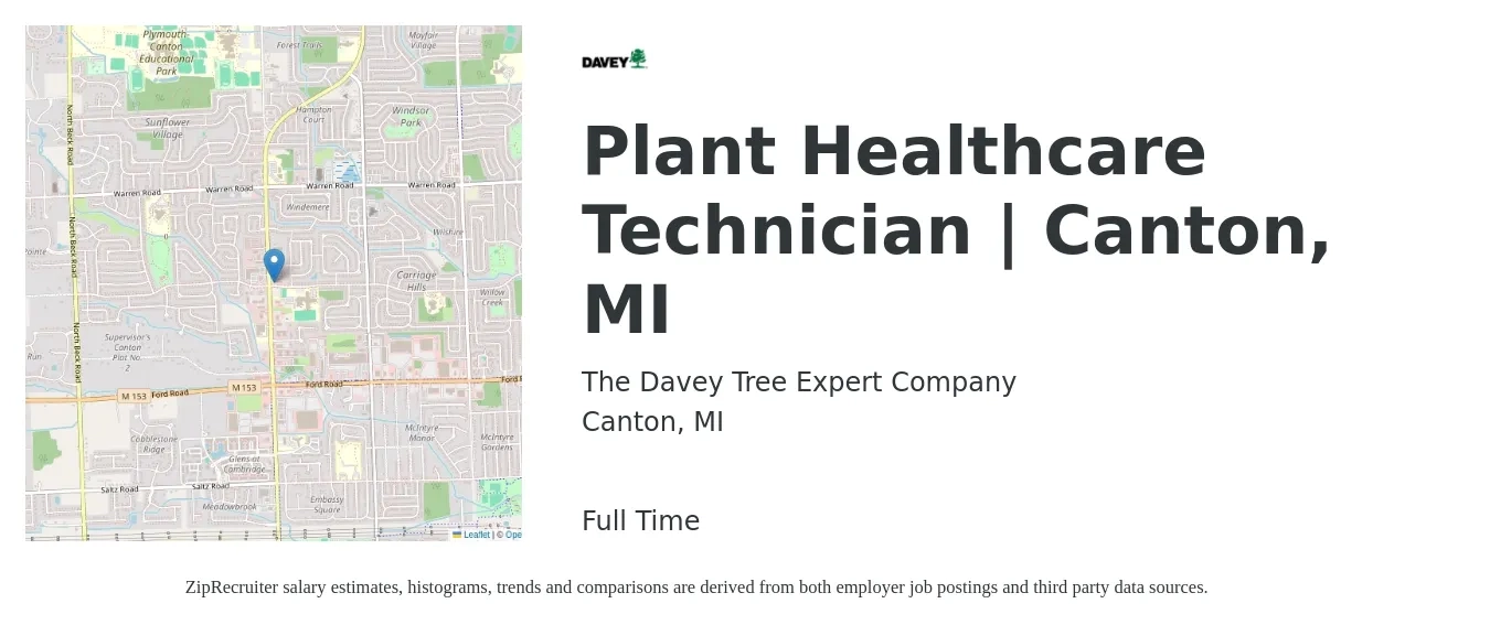 The Davey Tree Expert Company job posting for a Plant Healthcare Technician | Canton, MI in Canton, MI with a salary of $18 to $22 Hourly with a map of Canton location.