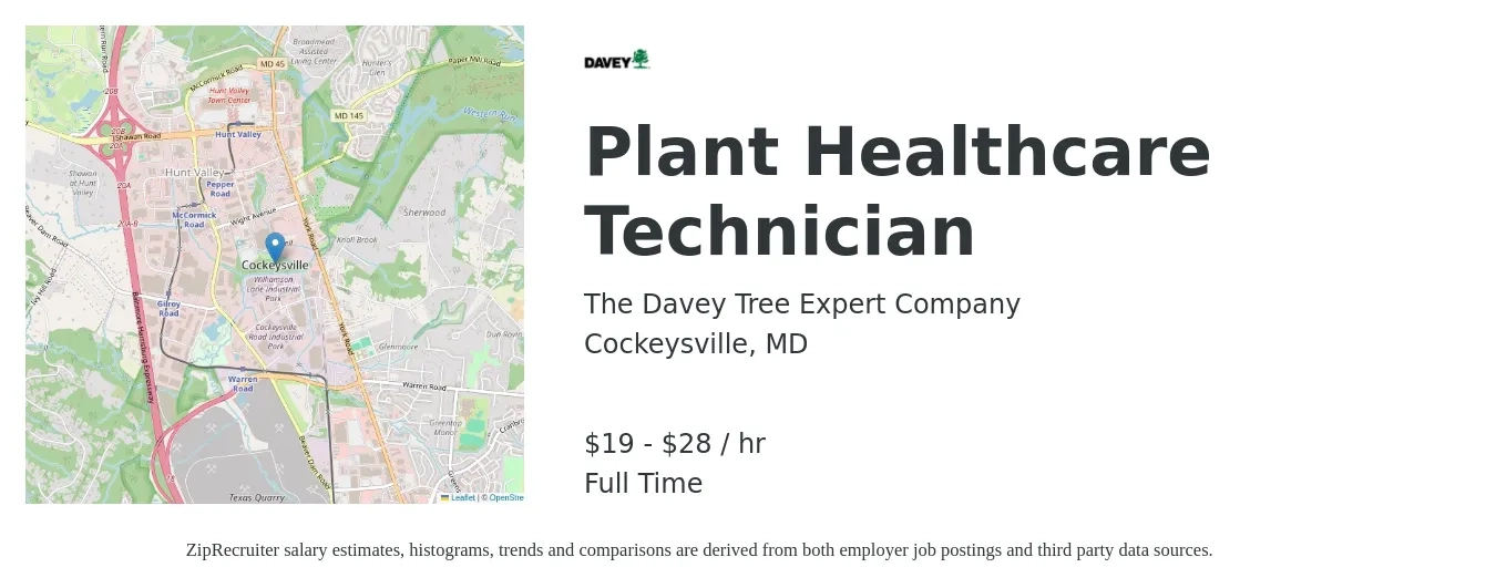 The Davey Tree Expert Company job posting for a Plant Healthcare Technician in Cockeysville, MD with a salary of $20 to $30 Hourly with a map of Cockeysville location.