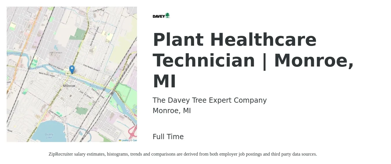 The Davey Tree Expert Company job posting for a Plant Healthcare Technician | Monroe, MI in Monroe, MI with a salary of $18 to $22 Hourly with a map of Monroe location.