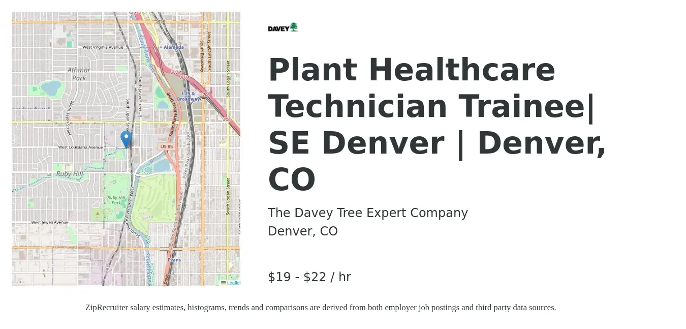 The Davey Tree Expert Company job posting for a Plant Healthcare Technician Trainee| SE Denver | Denver, CO in Denver, CO with a salary of $20 to $23 Hourly with a map of Denver location.