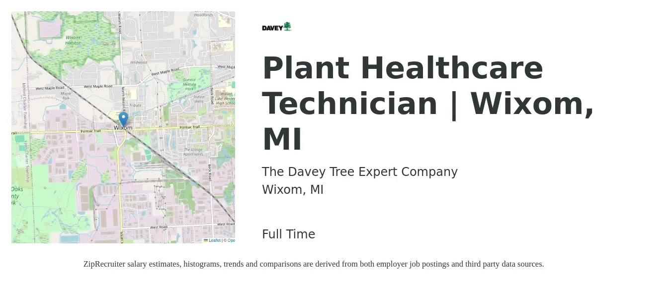 The Davey Tree Expert Company job posting for a Plant Healthcare Technician | Wixom, MI in Wixom, MI with a salary of $18 to $27 Hourly with a map of Wixom location.