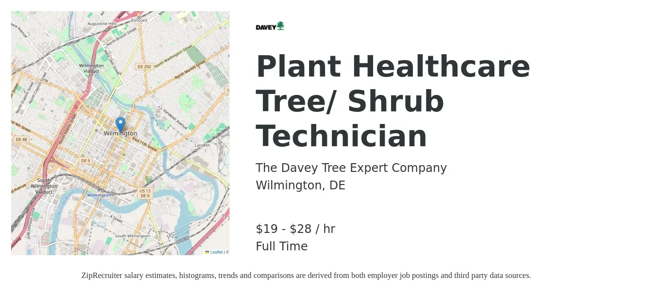 The Davey Tree Expert Company job posting for a Plant Healthcare Tree/ Shrub Technician in Wilmington, DE with a salary of $20 to $30 Hourly with a map of Wilmington location.
