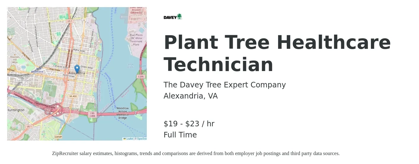 The Davey Tree Expert Company job posting for a Plant Tree Healthcare Technician in Alexandria, VA with a salary of $20 to $24 Hourly with a map of Alexandria location.