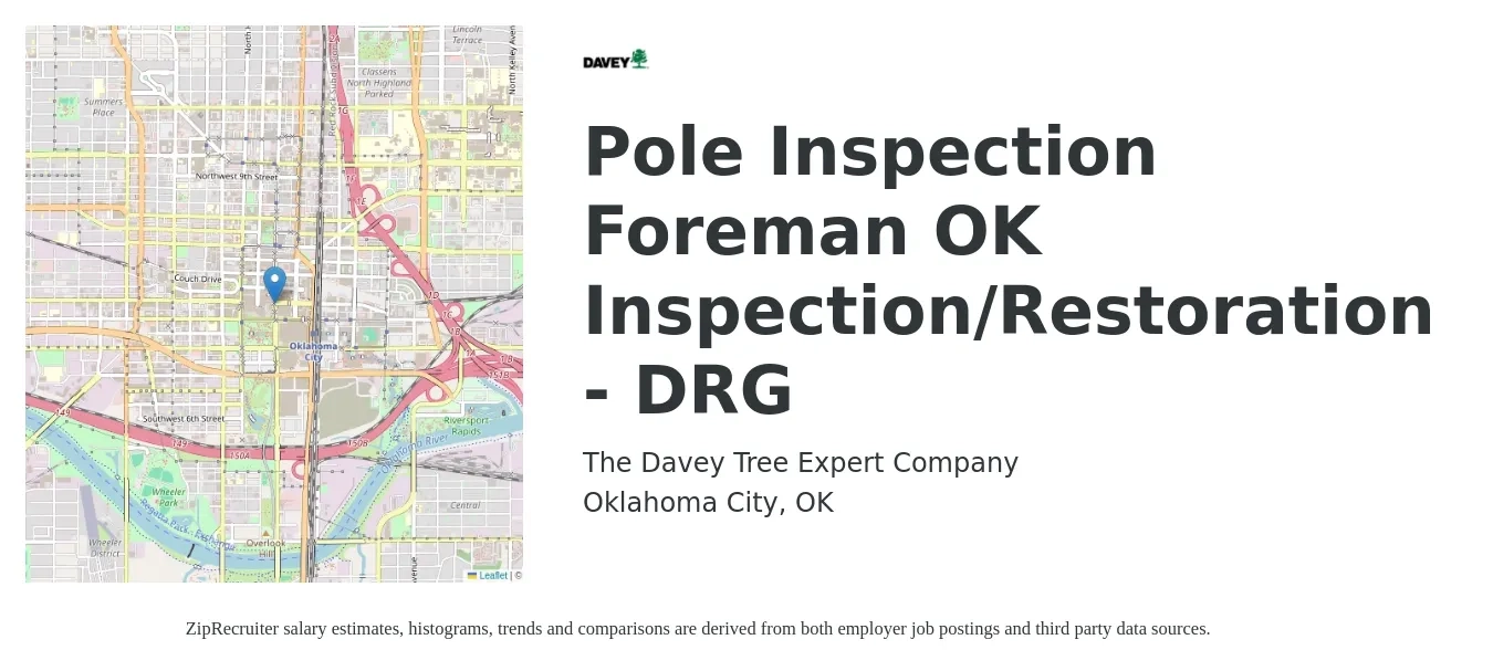 The Davey Tree Expert Company job posting for a Pole Inspection Foreman OK Inspection/Restoration - DRG in Oklahoma City, OK with a salary of $71,800 to $95,500 Yearly with a map of Oklahoma City location.