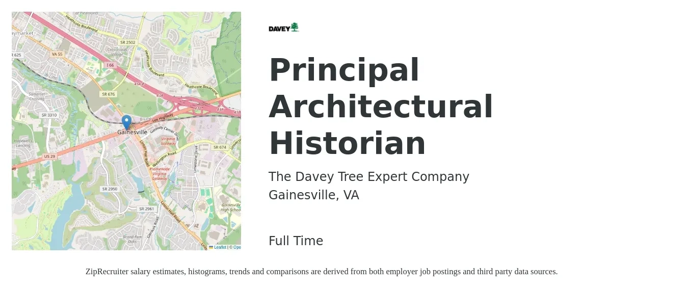 The Davey Tree Expert Company job posting for a Principal Architectural Historian in Gainesville, VA with a salary of $115,900 to $166,700 Yearly with a map of Gainesville location.