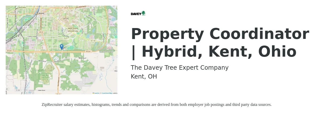 The Davey Tree Expert Company job posting for a Property Coordinator | Hybrid, Kent, Ohio in Kent, OH with a salary of $19 to $27 Hourly with a map of Kent location.