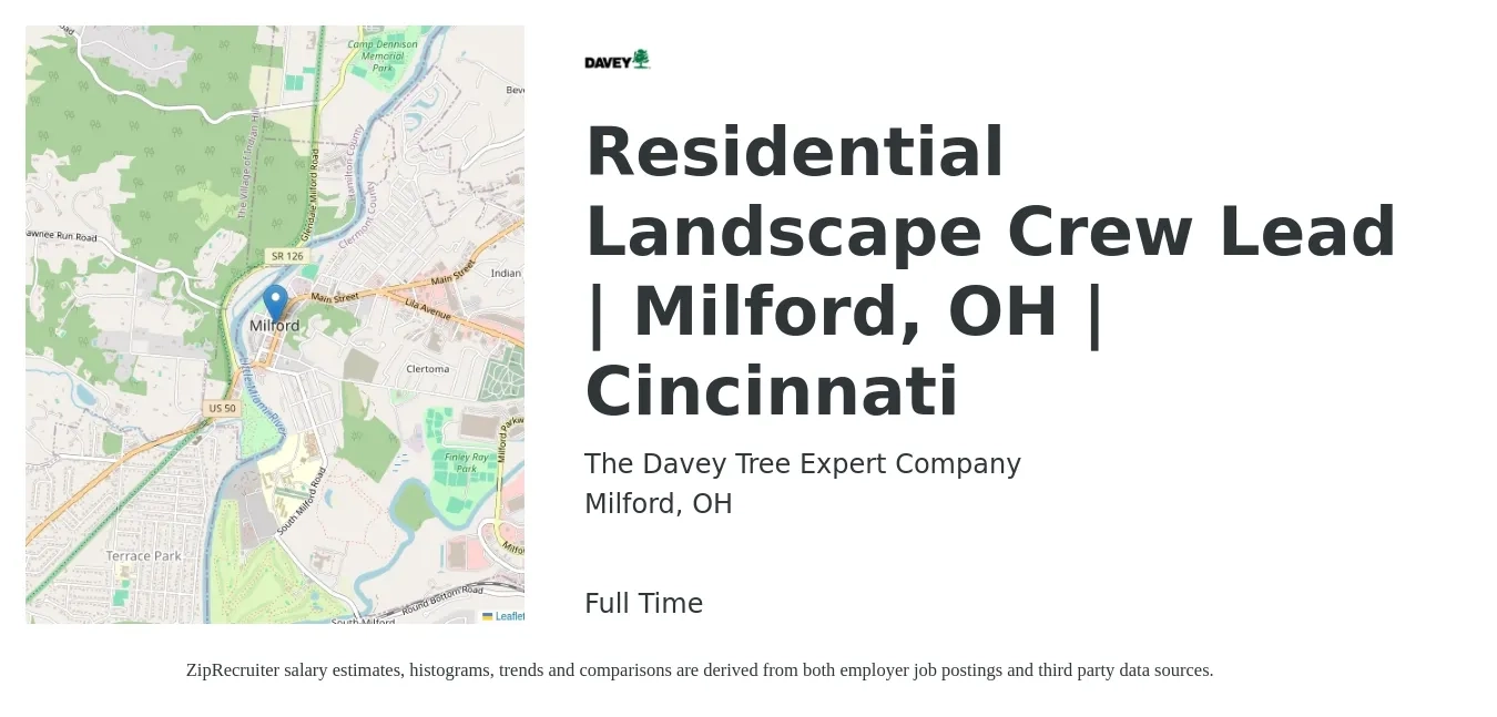 The Davey Tree Expert Company job posting for a Residential Landscape Crew Lead | Milford, OH | Cincinnati in Milford, OH with a salary of $16 to $20 Hourly with a map of Milford location.