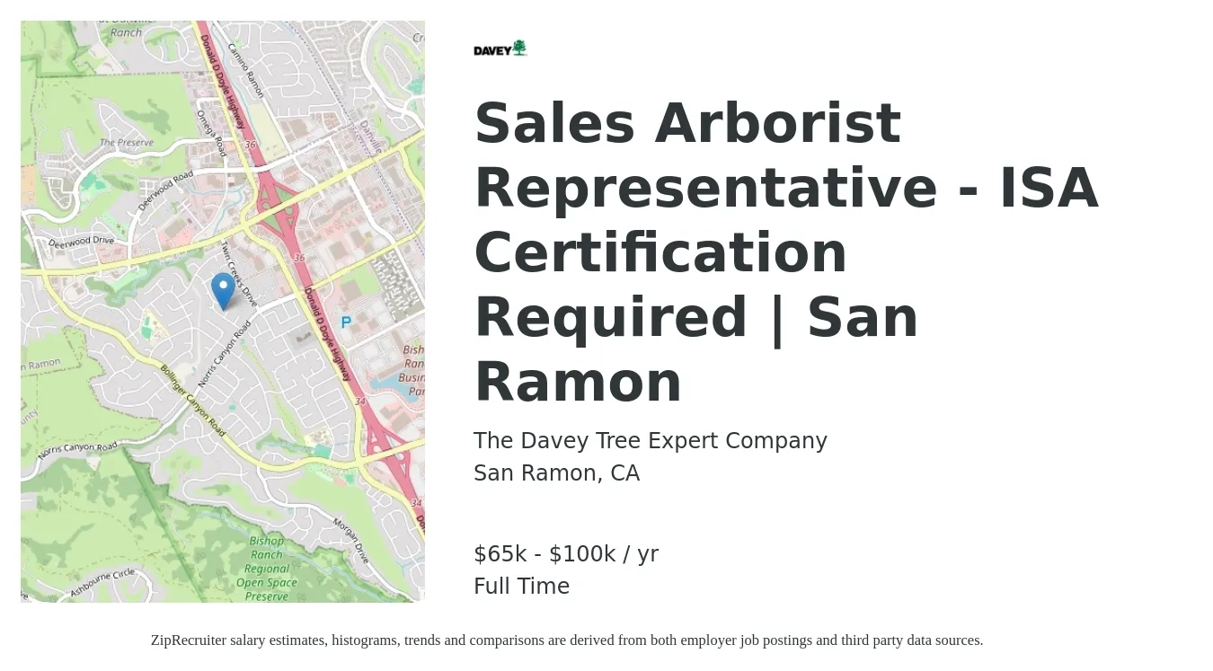 The Davey Tree Expert Company job posting for a Sales Arborist Representative - ISA Certification Required | San Ramon in San Ramon, CA with a salary of $65,000 to $100,000 Yearly with a map of San Ramon location.