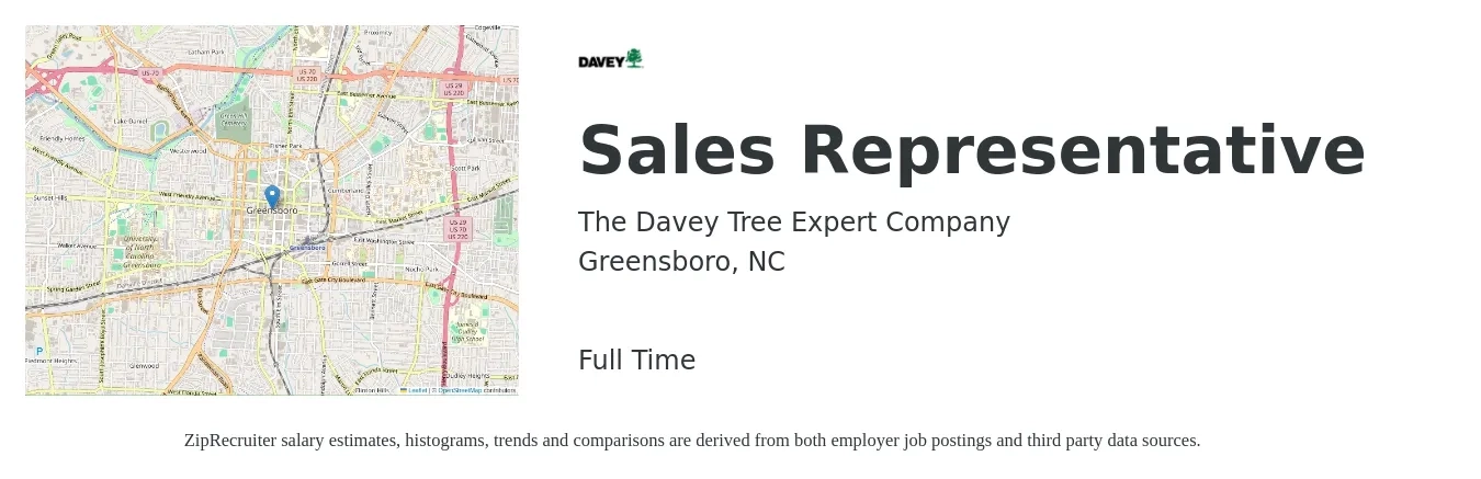 The Davey Tree Expert Company job posting for a Sales Representative in Greensboro, NC with a salary of $51,800 to $90,100 Yearly with a map of Greensboro location.