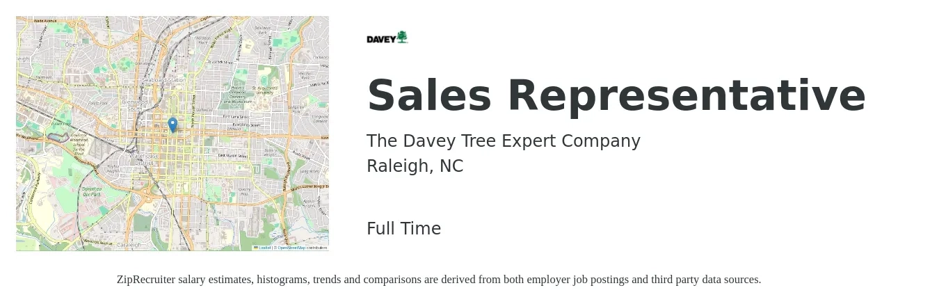 The Davey Tree Expert Company job posting for a Sales Representative in Raleigh, NC with a salary of $47,300 to $82,200 Yearly with a map of Raleigh location.