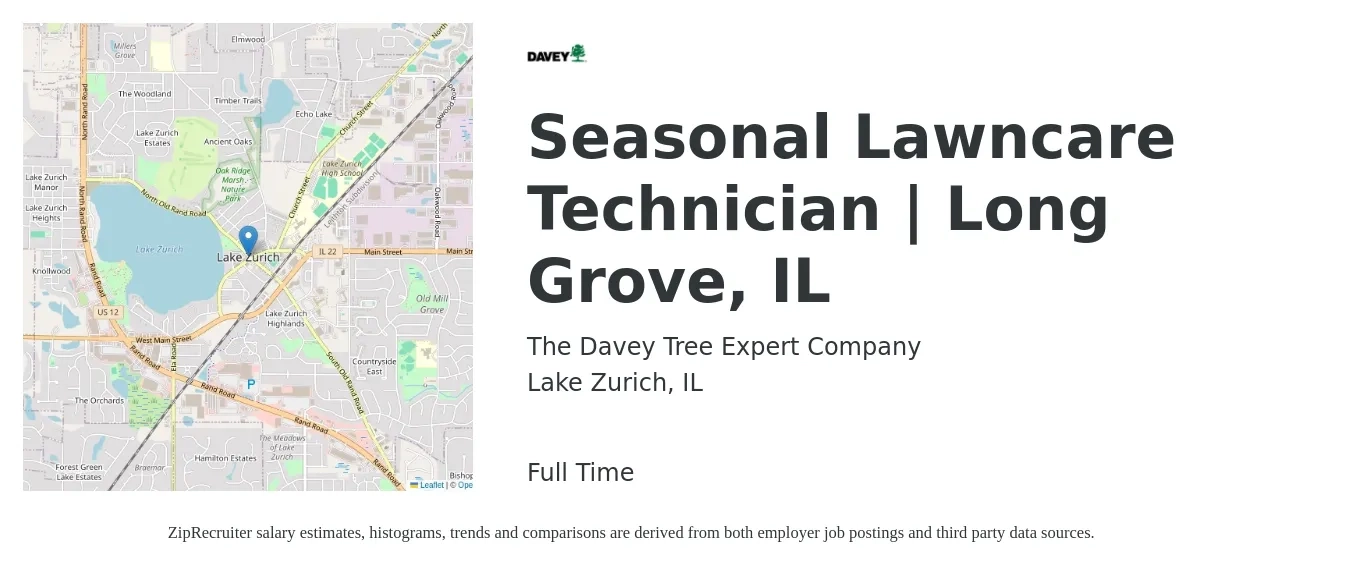 The Davey Tree Expert Company job posting for a Seasonal Lawncare Technician | Long Grove, IL in Lake Zurich, IL with a salary of $18 to $22 Hourly with a map of Lake Zurich location.