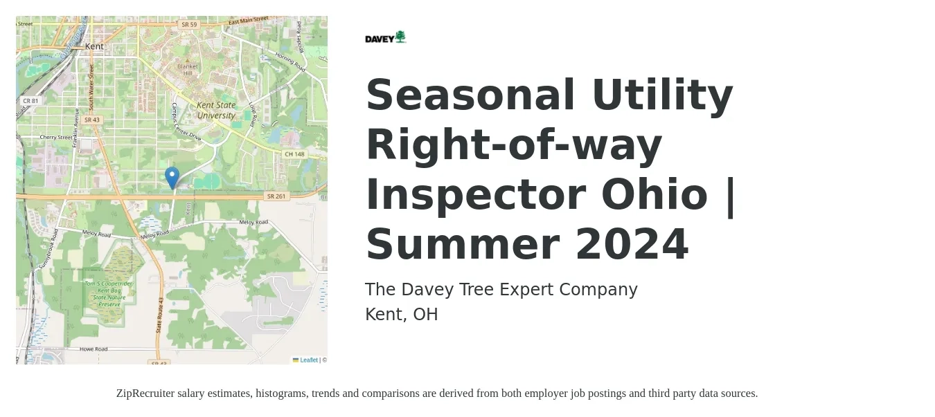 The Davey Tree Expert Company job posting for a Seasonal Utility Right-of-way Inspector Ohio | Summer 2024 in Kent, OH with a salary of $14 to $21 Hourly with a map of Kent location.