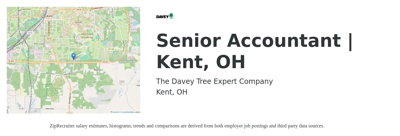 The Davey Tree Expert Company job posting for a Senior Accountant | Kent, OH in Kent, OH with a salary of $67,500 to $84,800 Yearly with a map of Kent location.