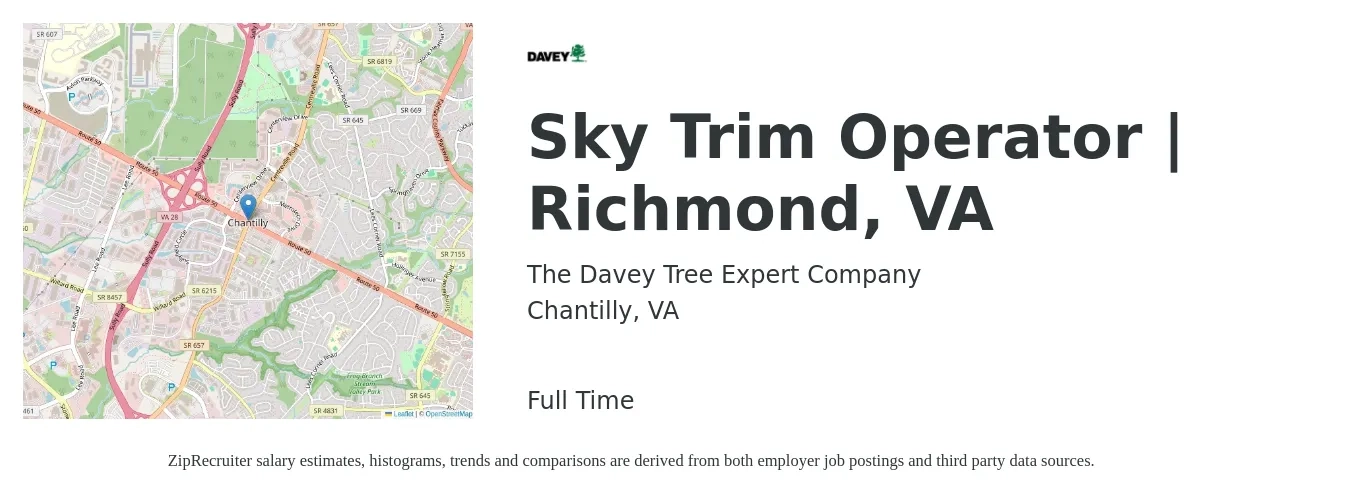 The Davey Tree Expert Company job posting for a Sky Trim Operator | Richmond, VA in Chantilly, VA with a salary of $21 to $31 Hourly with a map of Chantilly location.