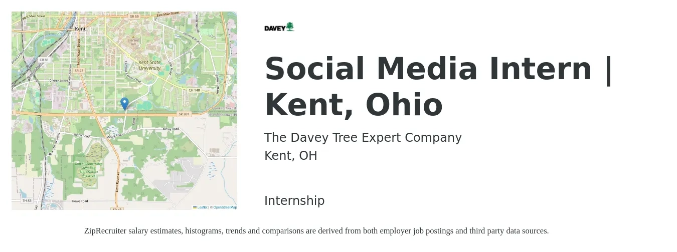 The Davey Tree Expert Company job posting for a Social Media Intern | Kent, Ohio in Kent, OH with a salary of $14 to $18 Hourly with a map of Kent location.