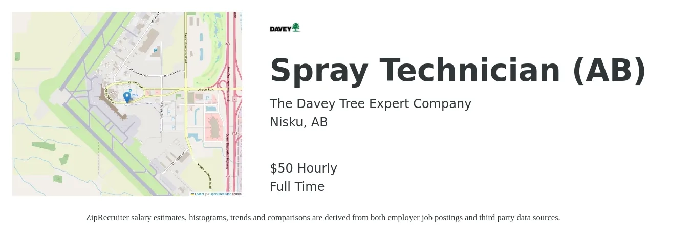 The Davey Tree Expert Company job posting for a Spray Technician (AB) in Nisku, AB with a salary of $52 Hourly with a map of Nisku location.