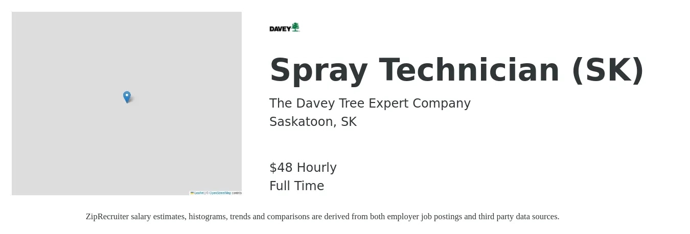 The Davey Tree Expert Company job posting for a Spray Technician (SK) in Saskatoon, SK with a salary of $50 Hourly with a map of Saskatoon location.