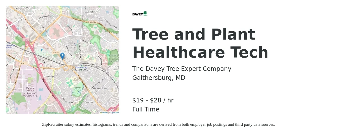 The Davey Tree Expert Company job posting for a Tree and Plant Healthcare Tech in Gaithersburg, MD with a salary of $20 to $30 Hourly with a map of Gaithersburg location.