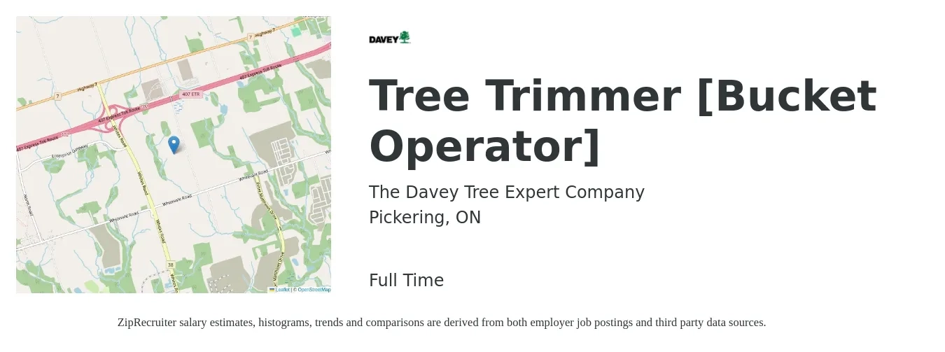 The Davey Tree Expert Company job posting for a Tree Trimmer [Bucket Operator] in Pickering, ON with a map of Pickering location.