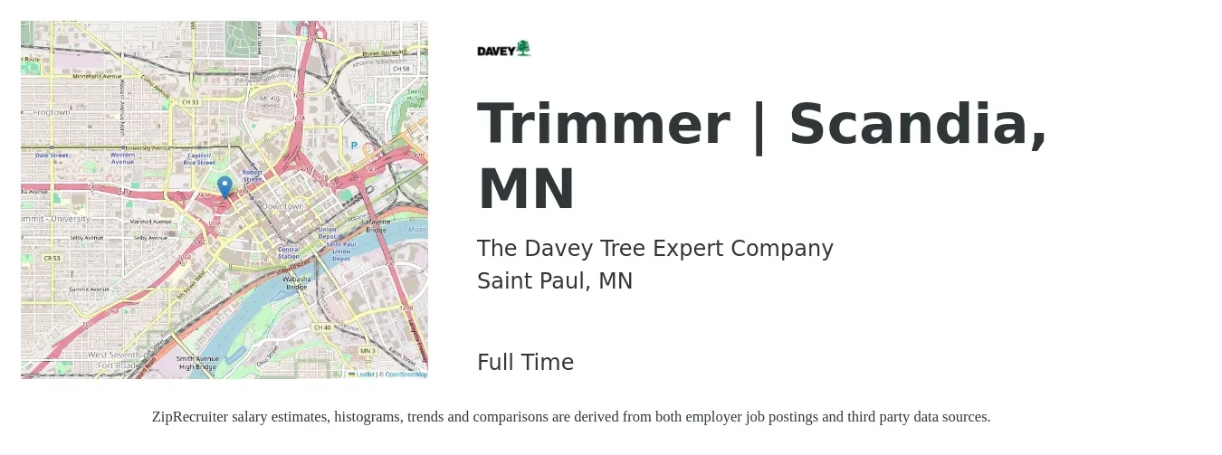The Davey Tree Expert Company job posting for a Trimmer | Scandia, MN in Saint Paul, MN with a salary of $15 to $18 Hourly with a map of Saint Paul location.