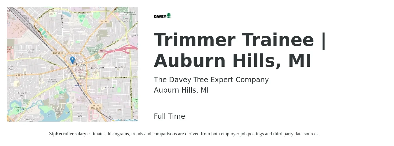 The Davey Tree Expert Company job posting for a Trimmer Trainee | Auburn Hills, MI in Auburn Hills, MI with a salary of $17 to $33 Hourly with a map of Auburn Hills location.