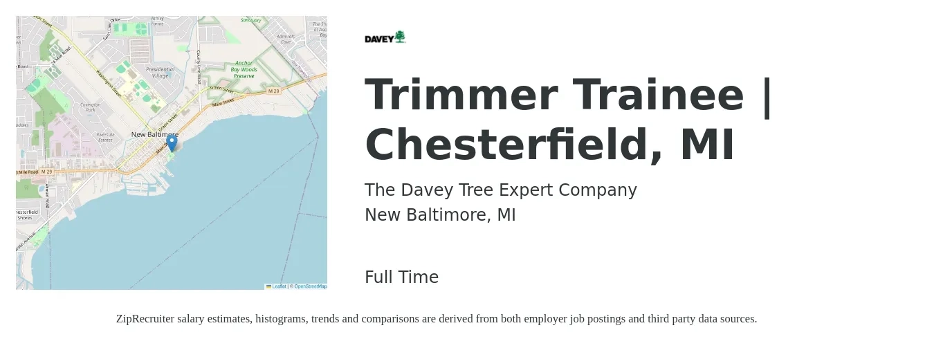 The Davey Tree Expert Company job posting for a Trimmer Trainee | Chesterfield, MI in New Baltimore, MI with a salary of $16 to $31 Hourly with a map of New Baltimore location.