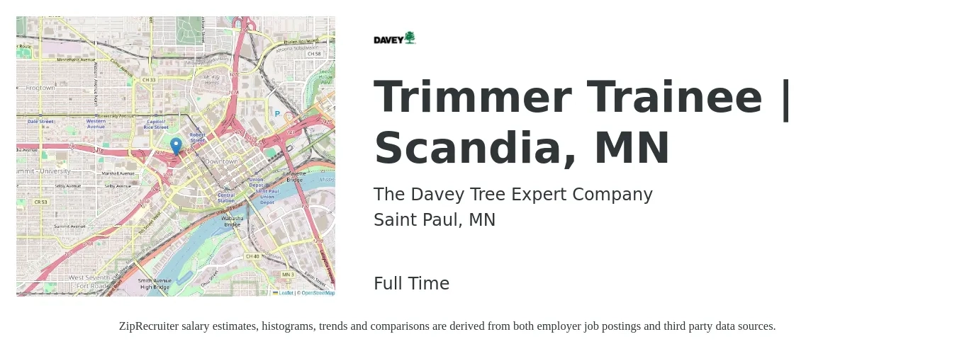 The Davey Tree Expert Company job posting for a Trimmer Trainee | Scandia, MN in Saint Paul, MN with a salary of $18 to $35 Hourly with a map of Saint Paul location.