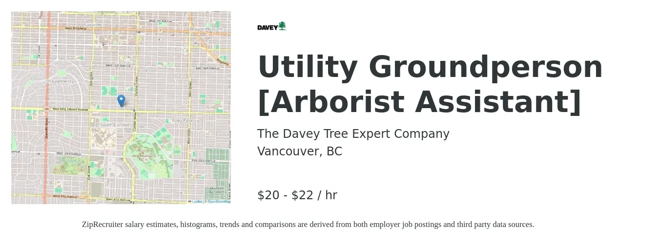 The Davey Tree Expert Company job posting for a Utility Groundperson [Arborist Assistant] in Vancouver, BC with a salary of $22 to $23 Hourly with a map of Vancouver location.