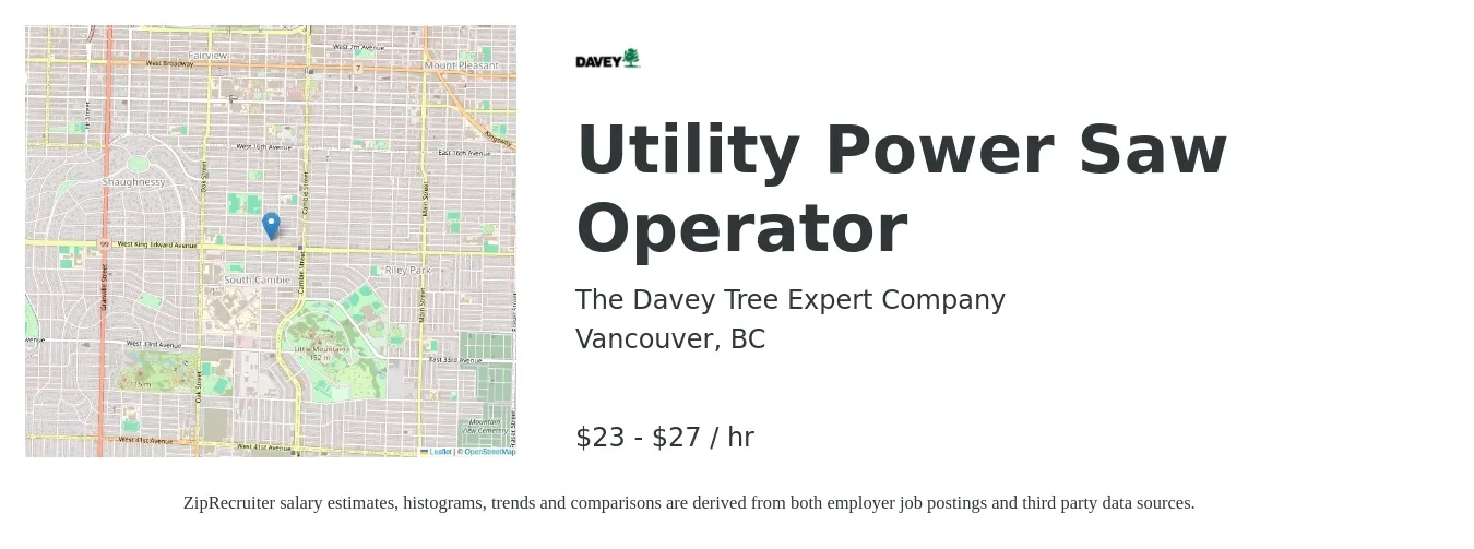 The Davey Tree Expert Company job posting for a Utility Power Saw Operator in Vancouver, BC with a salary of $24 to $28 Hourly with a map of Vancouver location.