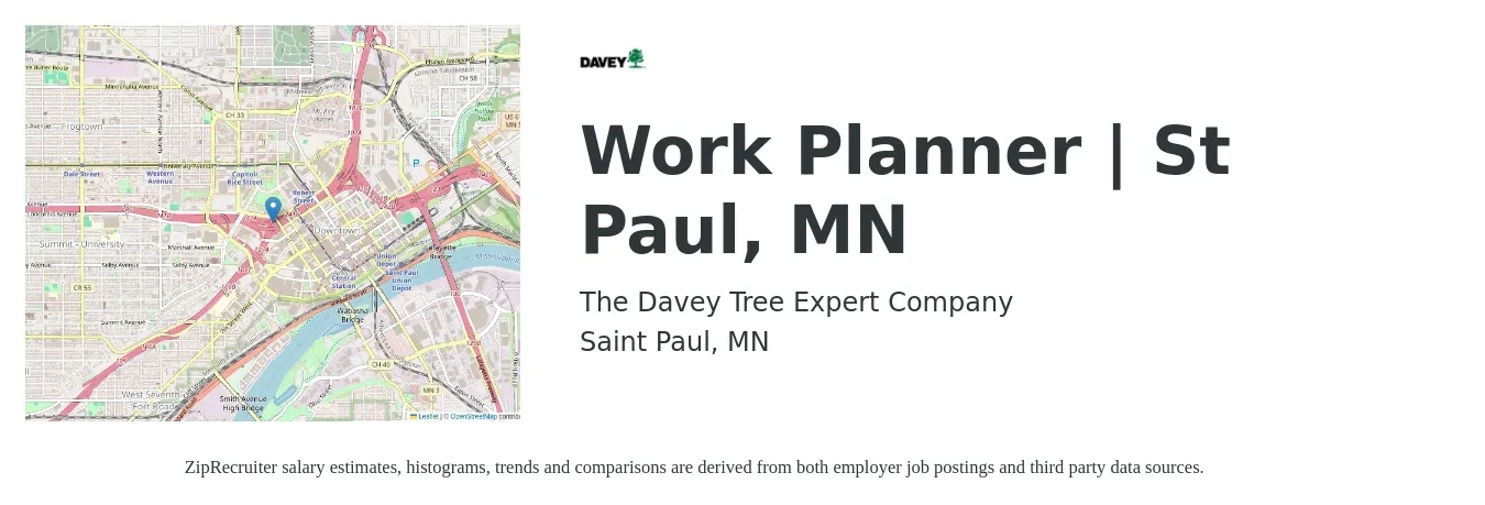 The Davey Tree Expert Company job posting for a Work Planner | St Paul, MN in Saint Paul, MN with a salary of $54,600 to $81,900 Yearly with a map of Saint Paul location.