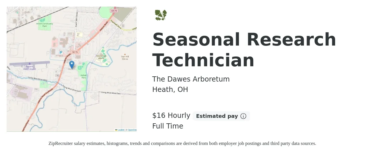 The Dawes Arboretum job posting for a Seasonal Research Technician in Heath, OH with a salary of $17 Hourly with a map of Heath location.