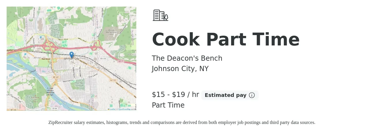 The Deacon's Bench job posting for a Cook Part Time in Johnson City, NY with a salary of $16 to $20 Hourly with a map of Johnson City location.
