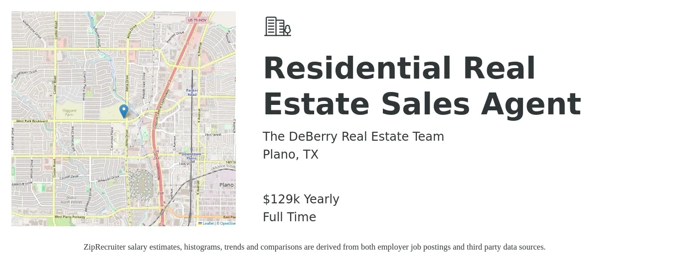 The DeBerry Real Estate Team job posting for a Residential Real Estate Sales Agent in Plano, TX with a salary of $129,500 Yearly with a map of Plano location.