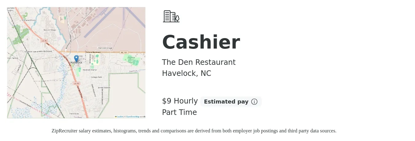 The Den Restaurant job posting for a Cashier in Havelock, NC with a salary of $10 Hourly with a map of Havelock location.