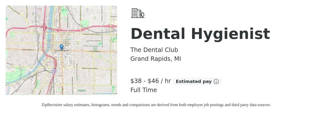 The Dental Club job posting for a Dental Hygienist in Grand Rapids, MI with a salary of $36 to $48 Hourly with a map of Grand Rapids location.