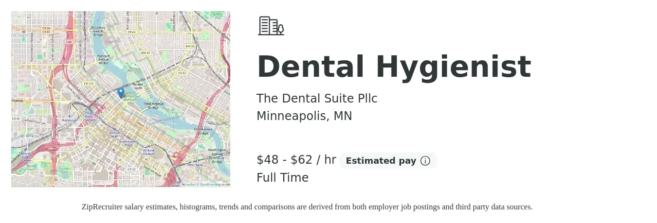The Dental Suite Pllc job posting for a Dental Hygienist in Minneapolis, MN with a salary of $50 to $65 Hourly with a map of Minneapolis location.