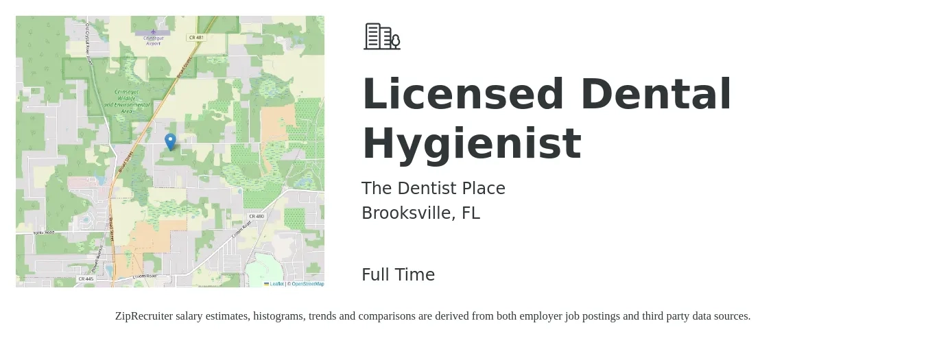 The Dentist Place job posting for a Licensed Dental Hygienist in Brooksville, FL with a salary of $50,000 Hourly with a map of Brooksville location.