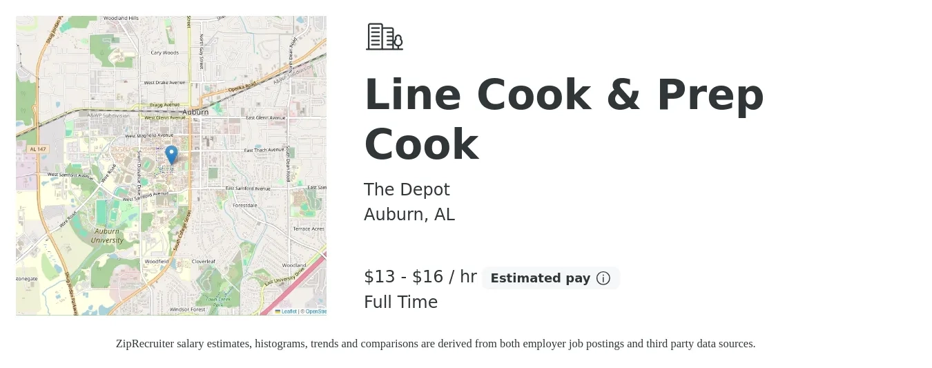 The Depot job posting for a Line Cook & Prep Cook in Auburn, AL with a salary of $14 to $17 Hourly with a map of Auburn location.