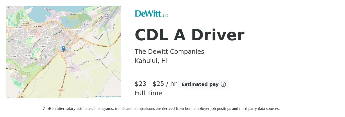 The Dewitt Companies job posting for a CDL A Driver in Kahului, HI with a salary of $24 to $27 Hourly with a map of Kahului location.